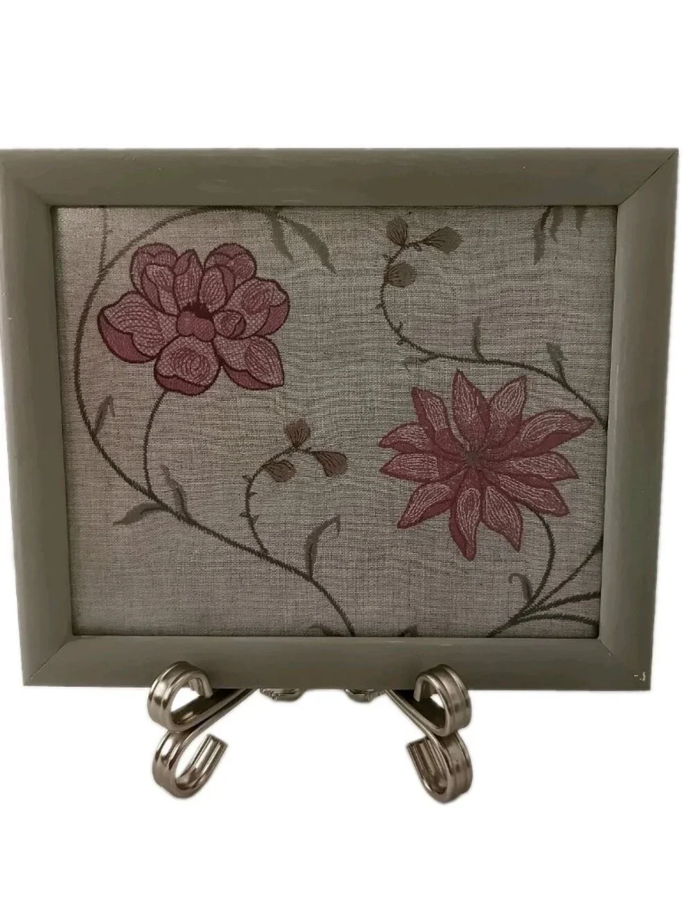 Vintage Embroidered Upholstery Fabric Sample Framed Floral Wall Art Pink Flowers